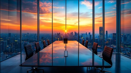 Fototapeta premium A modern boardroom overlooks a cityscape during a vibrant sunset sky