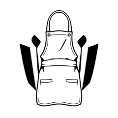 Chef's Apron, Spatula, and Knife: Black and white illustration of apron and tools.