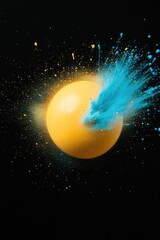 Bright yellow sphere bursts with vibrant blue paint, creating dy