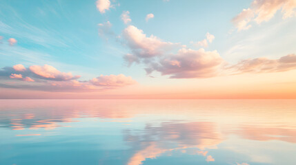 Obraz premium gradient sky with gentle clouds floating above a calm lake, the warm hues reflecting off the water 