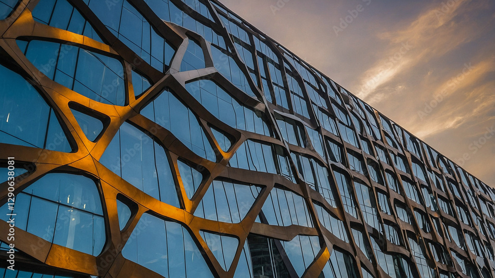 Poster futuristic building with intricate golden framework