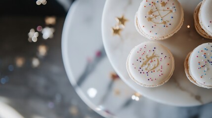 Astrology themed pastry experience featuring zodiac symbol macarons on a celestial table setting
