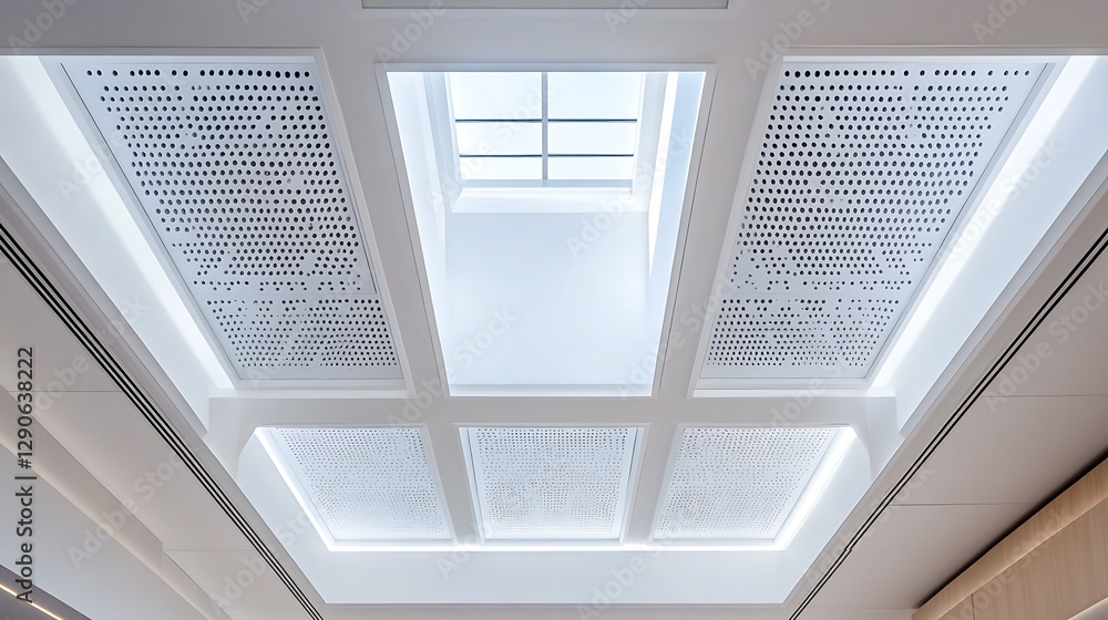 Poster looking up at white patterned ceiling with skylight and modern design