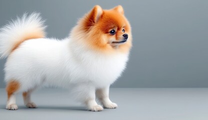 Fluffy Pomeranian Dog with Orange and White Fur on a Gray Background