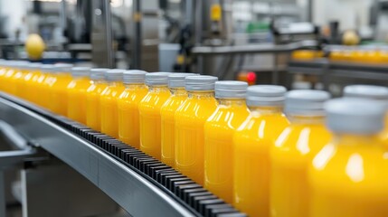 Fototapeta premium Modern industrial juice bottling plant with automated conveyor system, orange juice bottles in production