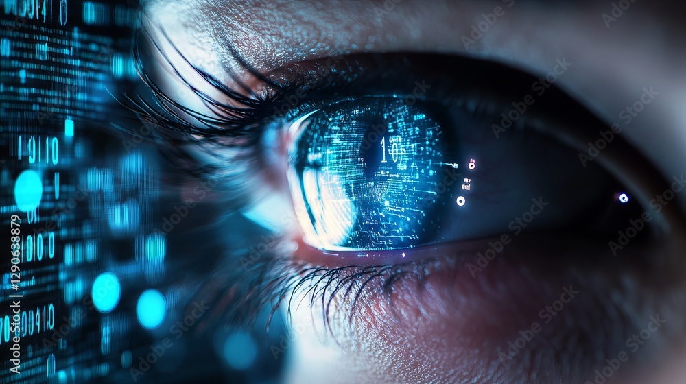Poster digital eye abstract futuristic technology concept binary code data stream human eye closeup vision 