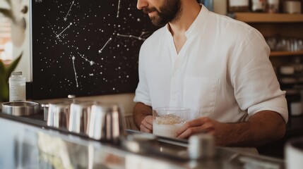 Personalized zodiac themed drink preparation in a trendy cafe with celestial menu design