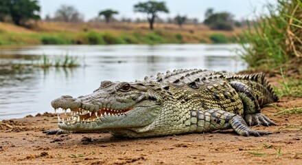 Obraz premium A Nile Crocodile Resting on the Sandy Banks of the Zambezi River. Focus on Its Textured Scales, Powerful Jaw.
