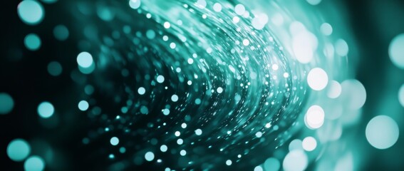 Cinematic abstraction with floating circular shapes in teal and white against a dark background