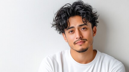 Fototapeta premium Hispanic man against a white wall with a serious expression.