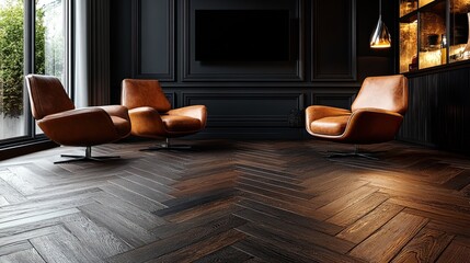 A dark parquet floor offers an elegant and warm backdrop, adding sophistication to any room or product display.
