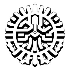Abstract circular design, an intricately detailed black and white geometric pattern. It features a complex arrangement of stylized shapes and lines, creating a sense of balance and symmetry.