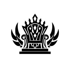 Majestic Throne of Power: Black and white illustration of a regal throne with decorative wings and a crown.