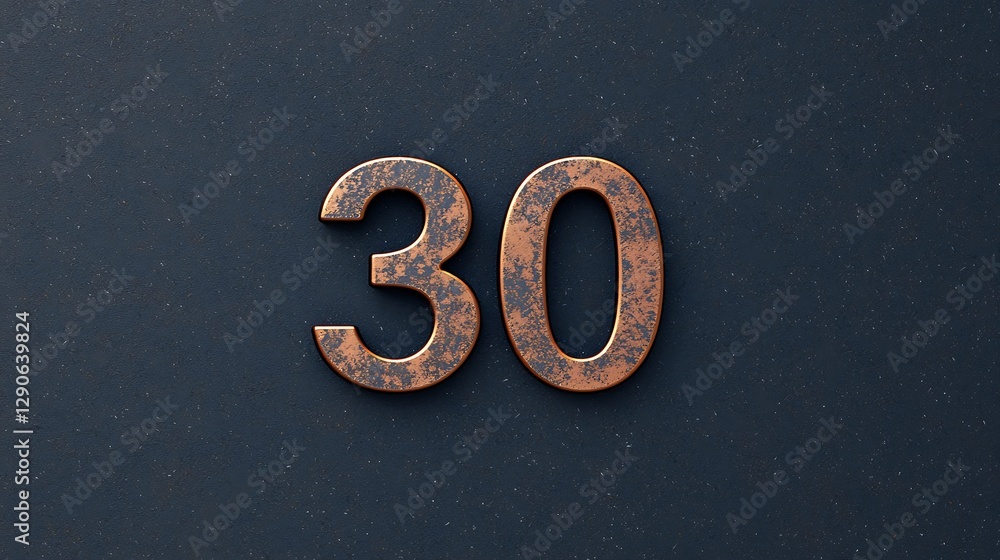Poster a close-up image of the number 30 crafted in a rustic style, displayed against a dark background, hi