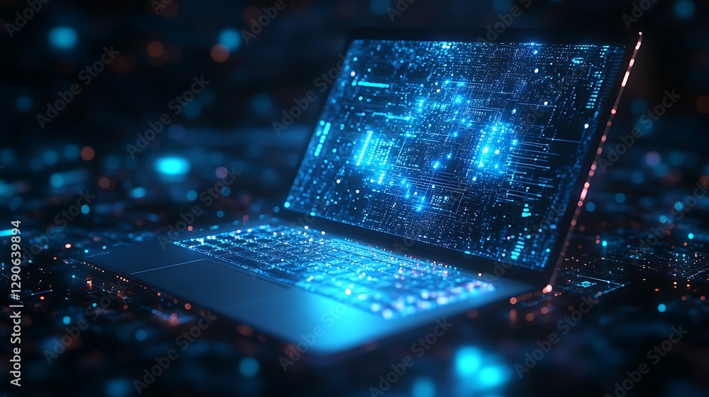 Poster futuristic laptop with data visualizations, a futuristic laptop with glowing graphics and data visua