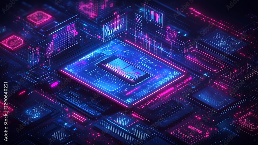 Poster futuristic digital interface with data visualizations, a futuristic digital interface with glowing b
