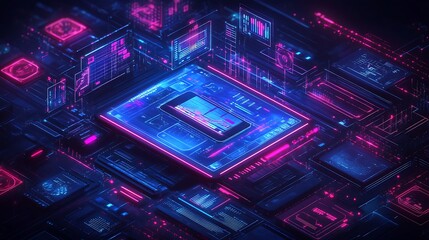 Obraz premium Futuristic Digital Interface with Data Visualizations, A futuristic digital interface with glowing blue and pink elements