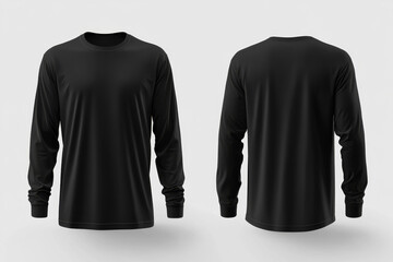 Plain black Long Sleeve T Shirt Mockup, Front and Back Views
