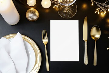 Elegant table setting features gold cutlery, candles, and blank