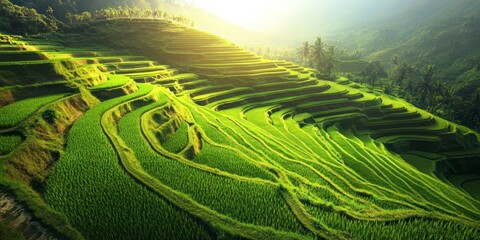 Fototapeta premium Green rice fields with the sun shining upon them, creating an idyllic and peaceful scene. The green grass reflects the sunlight as if shimmering under its surface