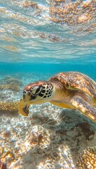 Obraz premium Majestic Green Sea Turtle Gliding Effortlessly Through Crystal Clear Waters in Pristine Coral Reef