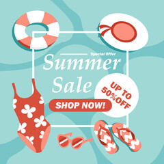 Vector illustration showcasing a Summer Sale with 'Up to 50% Off.' A beach scene with blue water ripples, umbrella, inflatable ring, flip-flops, and hat, perfect for seasonal sales and promotions.