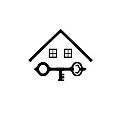 House key with stylized keyhole house symbol, black outline on white background. Simplistic, Minimalist and Conceptual.