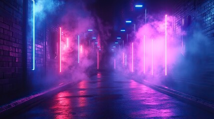 A dark, empty street with neon lights and smoke creates an abstract background, offering a textured setting for product displays.