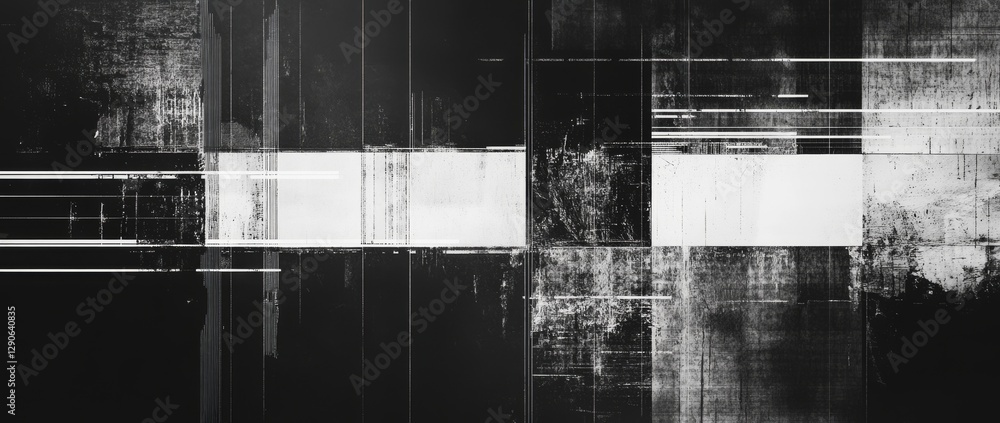 Poster abstract digital glitch background features white lines on a black canvas with space for creative te