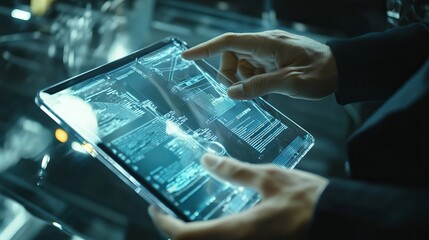 Futuristic Transparent Tablet Screen Digital Data Analysis Modern Technology Businessman Hands Innovative Interface Blue Light User Interface Sleek   