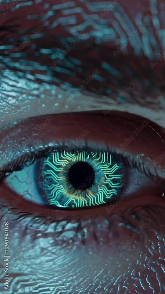 Poster futuristic cybernetic eye with circuitry patterns transforming the human visual experience