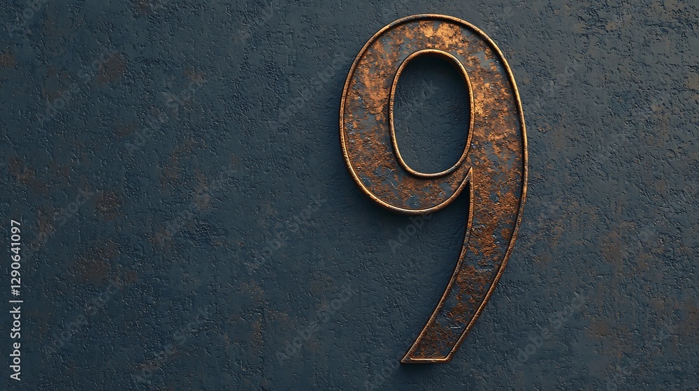 Poster a close-up of the metallic number 9 against a textured blue background, showcasing rust and aged ele