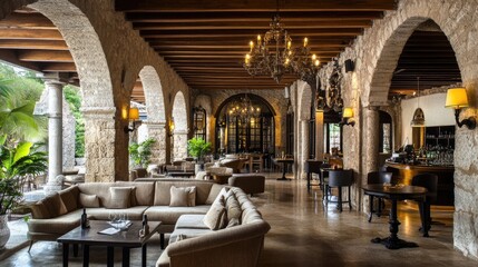 Fototapeta premium Rustic hotel restaurant with wooden beams, stone walls, and traditional decor elements