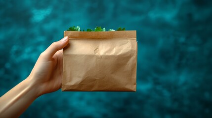 A food delivery concept with a hand holding a paper bag 