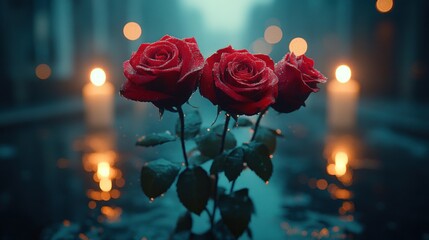 Romantic roses by water at night