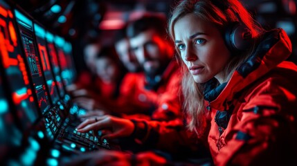 Focused Female Gamer in Red Jacket Using Multiple Monitors in a Dark Room