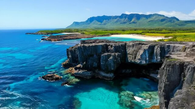 Aerial view of cliffs and beach at La Pointe, Bora Bora with turquoise ocean