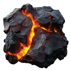 Glowing volcanic rock with molten lava cracks, isolated on transparent background