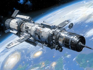A futuristic spacecraft or satellite orbits Earth, showcasing advanced technology and space exploration