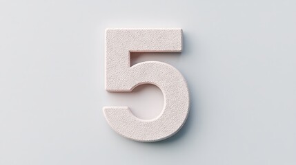 A textured, white number five displayed on a light background, emphasizing its numeral form and design.