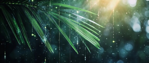 Naklejka premium Exploration of green tranquility with light rays illuminating a palm leaf in a serene environment