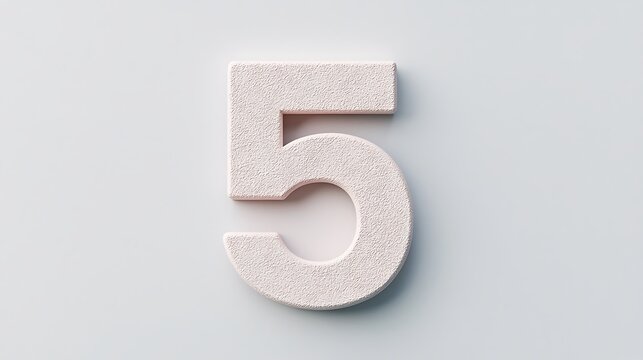 A textured, white number five displayed on a light background, emphasizing its numeral form and design.