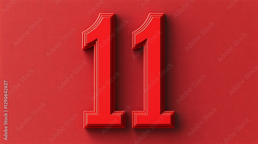 Poster a vibrant red background features the bold number 11 in a three-dimensional design, creating a strik