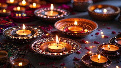 Background image of burning candles on saucers, warm and serene