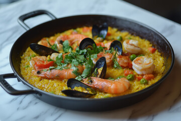 Close-up of a paella dish featuring saffron rice, prawns, mussels, peas and chopped tomatoes, in a dark-colored pan