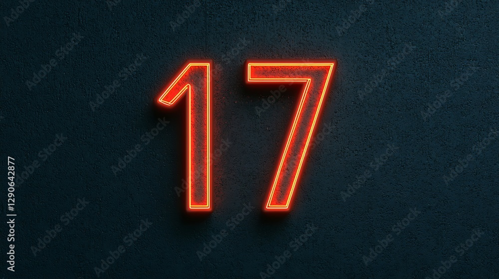 Poster a glowing neon sign displaying the number 17 against a dark background, creating a modern and striki