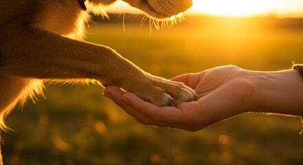 Golden Hour Pawshake: A heartwarming sunset scene of a dog and human hand gently touching, symbolizing the unbreakable bond of friendship and loyalty between pets and their owners.