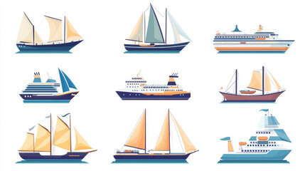Ship boat sea symbol vessel travel industry vector sailboats cruise set of marine icon