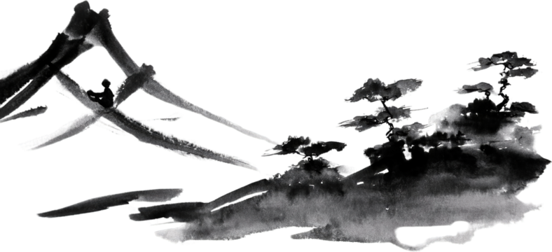 Monochrome Ink Wash Painting Mountains Trees and Serene Figure