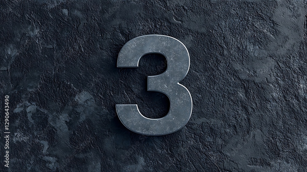 Poster a metallic number three set against a textured dark background, creating a minimalist and modern aes